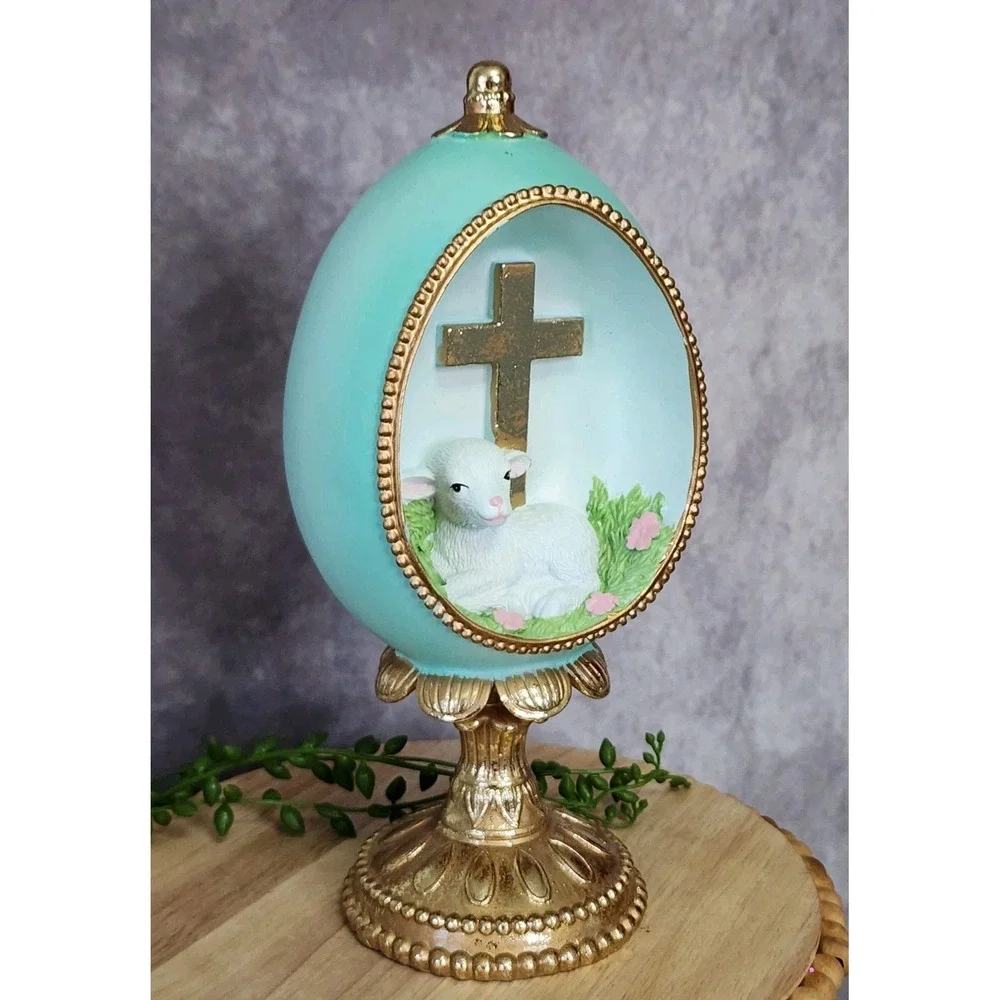 Easter Diorama Green Gold Sheep Lamb Cross Figurine Pedestal Resin 10
